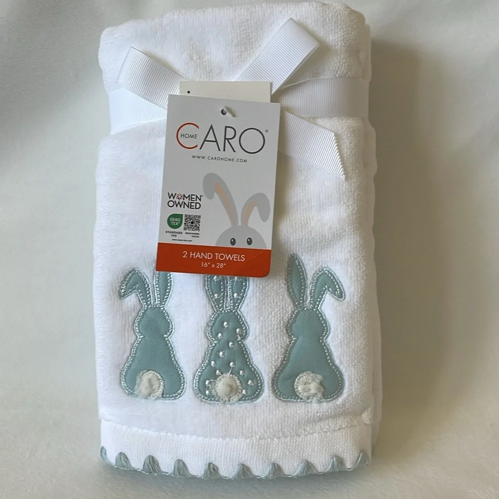 CARO Home, 100% Cotton White and Blue/Green Bunny Back Hand Towels, Set of 2